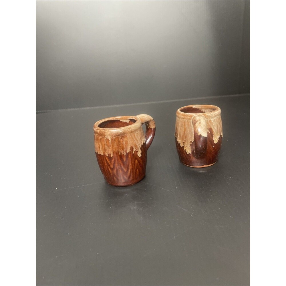 Pair Of Vintage Brown Drip Glaze Pottery Coffee Cup Mini Mugs Ceramic Taiwan